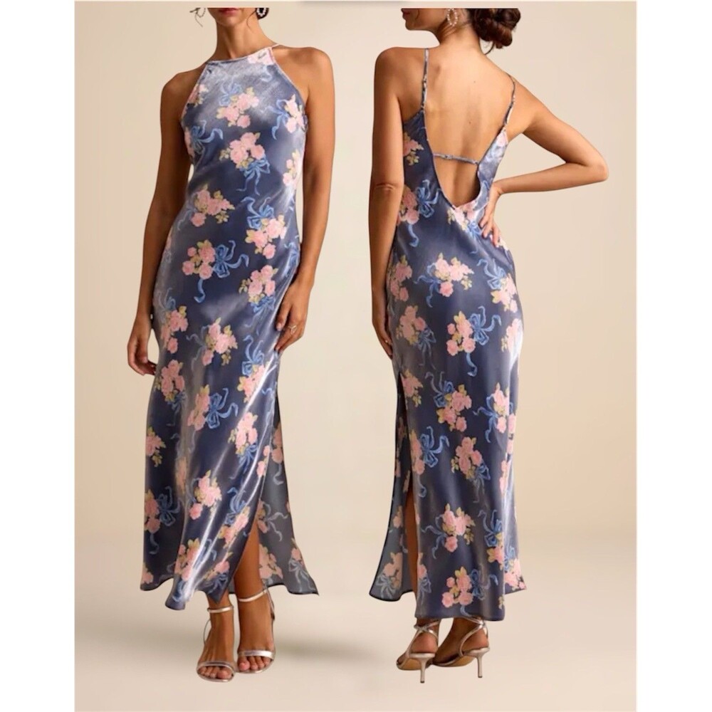 Lulu's Blue Satin Floral Midi Dress with Pink Flowers